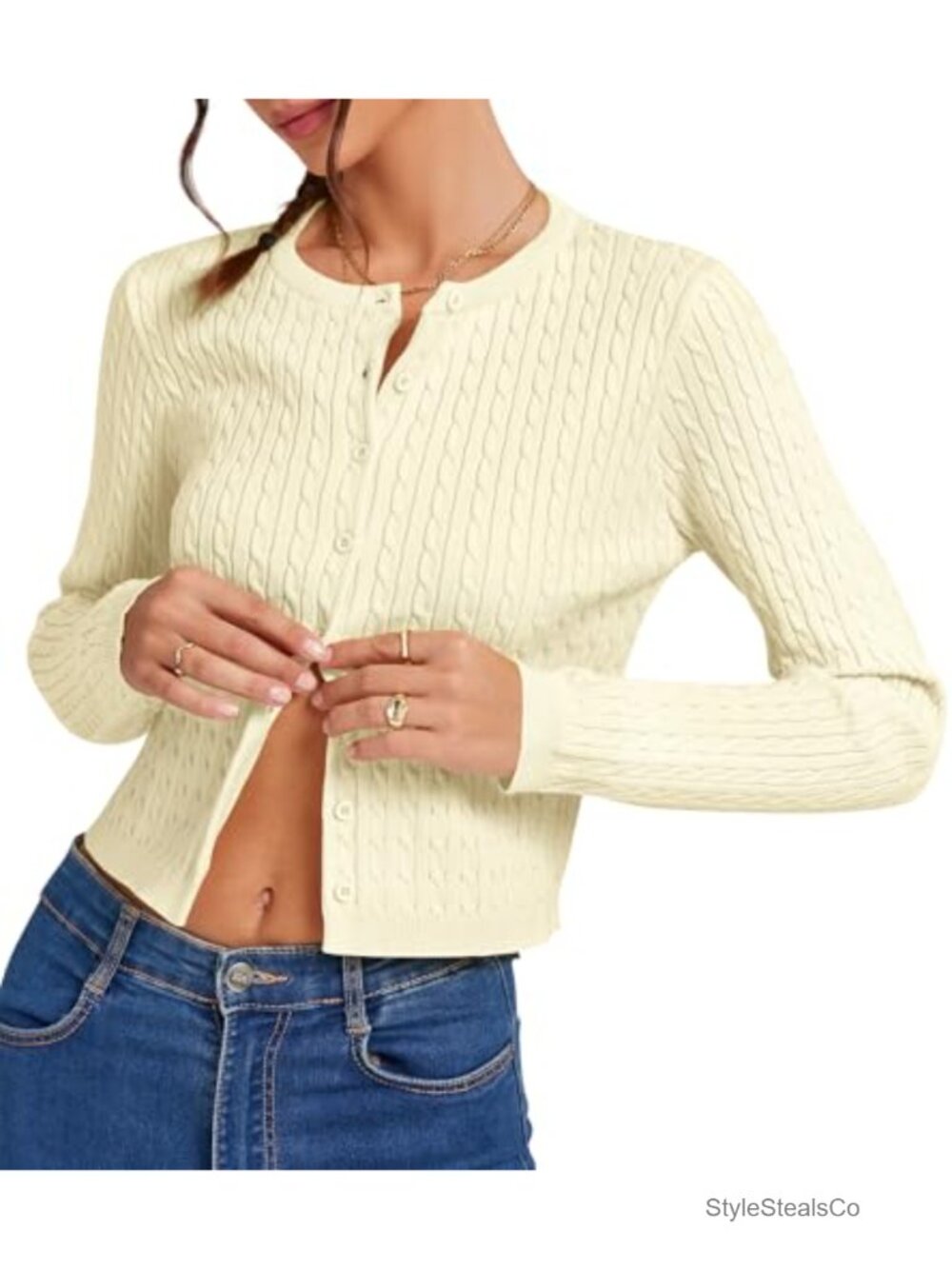 Women Cropped Cable Knit Cardigan Lightweight Button Up Sweater